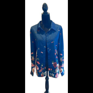 Blue Blouse Size XL w/ Flowers Button Down Boho Top Long Sleeve Cottagecore